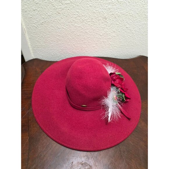 Scala Red 100% Wool Wide Brim Hat With Floral & Feather Accent Size L - Picture 2 of 8